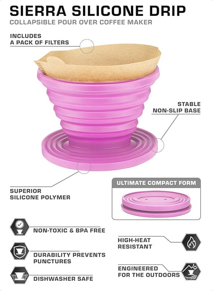 COLETTI Sierra Collapsible Coffee Pour Over Dripper — Camping Coffee Filter — Includes Pack of Paper Filters (Pink)