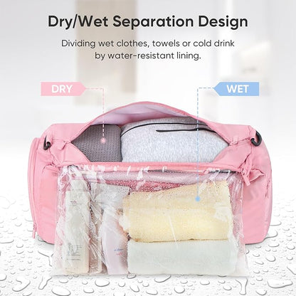 BALEINE Gym Bag for Women and Men, Small Duffel Bag for Sports, Gyms and Weekend Getaway, Waterproof Dufflebag with Shoe and Wet Clothes Compartments, Lightweight Carryon Gymbag (Pink)