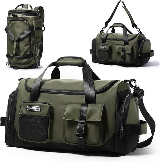 Duffel Backpack 22.5L With Shoe Compartment Waterproof Olive Green Gym Bag Travel Duffle Backpacks Weekend Shoulder Carry On Bag (3 In 1)