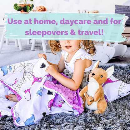 JumpOff Jo - Toddler Nap Mat - Sleeping Bag for Kids with Removable Pillow and Ultra Soft Blanket for Preschool, Daycare, and Sleepovers - Pink Dino