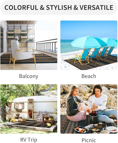 MontVoo Outdoor Rug Carpet 8x10 Waterproof-Patio Rug Mat Reversible RV Camping Rug Picnic Mat Plastic Straw Outside Rug for Balcony Porch Deck Beach-Boho Outdoor Area Rug for Patio Decor Colorful