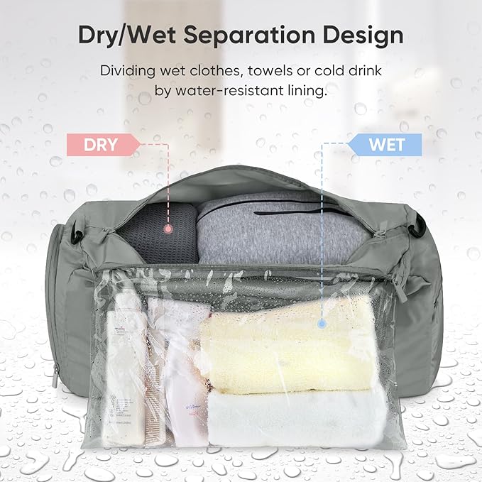 BALEINE Gym Bag for Women and Men, Duffel Bag for Sports, Gyms and Weekend Getaway, Waterproof Dufflebag with Shoe and Wet Clothes Compartments, Lightweight Carryon Gymbag (Silver)