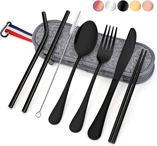 Travel Utensils with Case, E-far 8-Piece Reusable Camping Silverware Set, Portable Stainless Steel Cutlery Flatware Set Includes Knife, Fork, Spoon, Chopsticks, Straws, Cleaning Brush (Black)