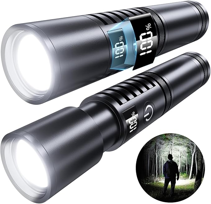 Rechargeable Flashlights High Lumens - 900000LM Super Bright Flashlight - High Power Flashlight with LCD Display, Zoomable, Waterproof, Handheld Flashlights for Emergencies, Camping - 2 Pack, Medium