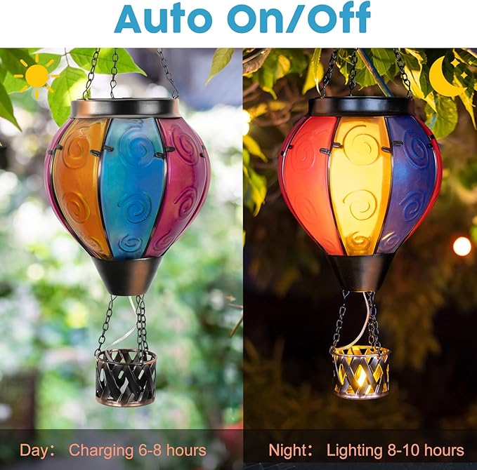 Hot Air Balloon Solar Lantern with Candle Holder Solar Hot Air Balloon Flickering Flame Hanging Garden Light Waterproof Glass Hot Air Balloon Solar Lamp Decorative for Lawn Porch Tree Yard