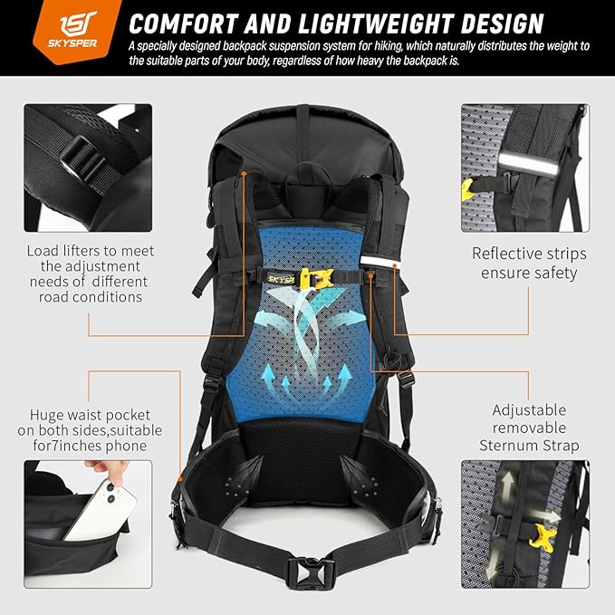 SKYSPER Hiking Backpack - 50L Roll Top Backpacking Backpack Lightweight Comfortable Breathable Camping Travel Pack for Men Women(Black)