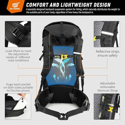 SKYSPER Hiking Backpack - 50L Roll Top Backpacking Backpack Lightweight Comfortable Breathable Camping Travel Pack for Men Women(Black)