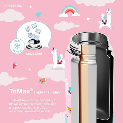 EcoVessel FROST Stainless Steel Kids Water Bottle with Straw Lid, Leak Proof Bottle with Carry Handle & Bottle Bumper, Kids Water Bottle For School - 12oz (Unicorn)