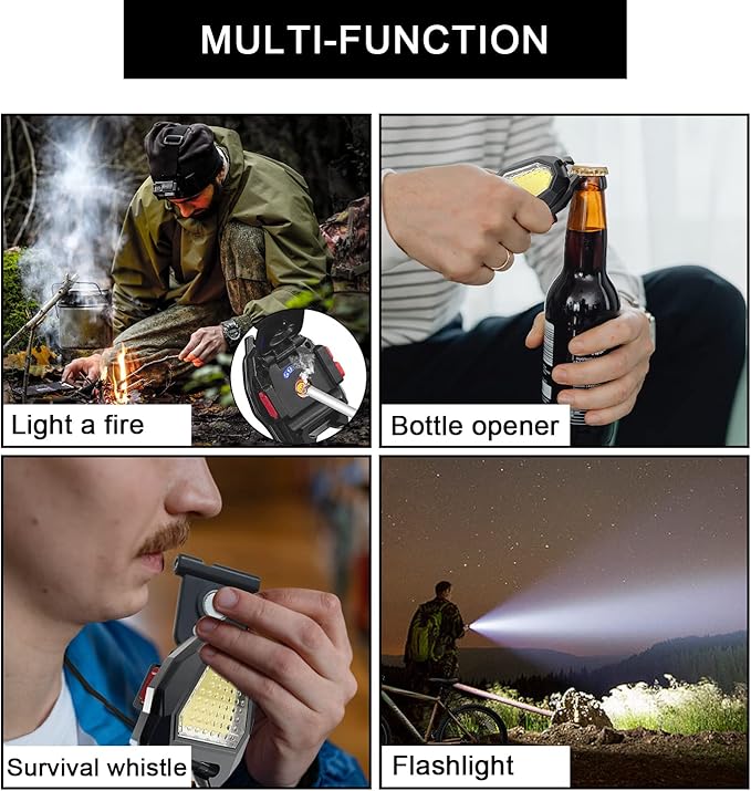 MAKDAK COB Keychain Work Light Keychain Flashlight - Emergency Light with 7 Light Mode,Build in Lighter,Magnet Base and Folding Bracket Bottle Opener, for Camping Fishing 2Pack
