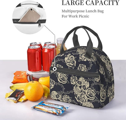 bassyil Skull Insulated Lunch Bag Reusable Lunch Box With Adjustable Shoulder Strap Cooler Tote Bag For Men Women