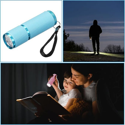 PATIKIL 9 LED Glow in Dark Flashlights, 2 Pcs Mini Aluminum Flashlight Rubber Coated Flashlight with Strap for Camping, Hiking, Party, Blue
