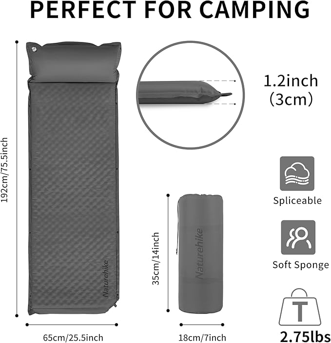 Naturehike Sleeping Pad, 1.2 inch Thick Self Inflating Sleeping Pad for Camping, Durable Camping Mattress Connectable with Multiple, Lightweight Sleeping Mats for Backpacking, Tent, Hammock, Hiking