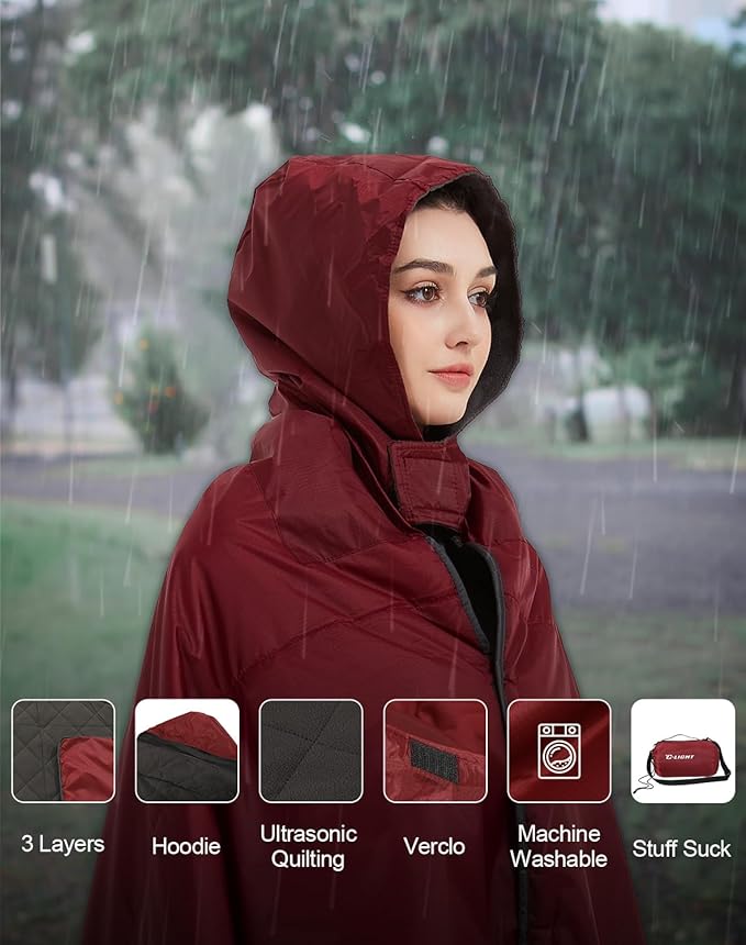 C-LIGHT Outdoor Hooded Blanket, Wearable Stadium Blankets Waterproof Windproof, Emergency Warm Blanket for Rain&Cold Weather - Perfect for Picnic, Camping, Outdoor Sports, Stadium,Beach (WineRed)