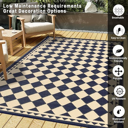 Outdoor Rug for Patios Clearance,Waterproof Mat,Large Outside Carpet,Reversible Plastic Straw Camping Rugs,Rv,Porch,Deck,Camper,Balcony,Backyard (6x9,Checkered/Black&Beige)