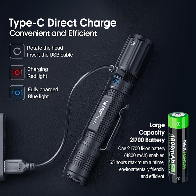 NEXTORCH E52C Rechargeable Flashlight High Lumen, 3000 Lumen Tactical Flashlight with 3 Mode & Strobe for Outdoor Hiking, Daily Overhaul, Camping, Proximity Finding, Urban Commuting, Emergency Defense
