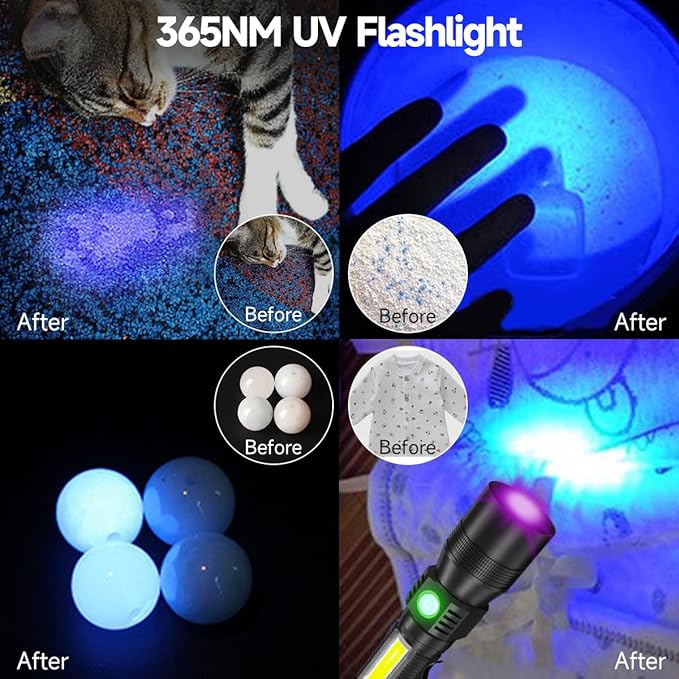 Black Light Flashlight, 3 in-1 Rechargeable Flashlights, UV Light Magnetic LED Flashlight High Lumens, 7 Mode Camping Waterproof Flashlight for Pet Urine Detection