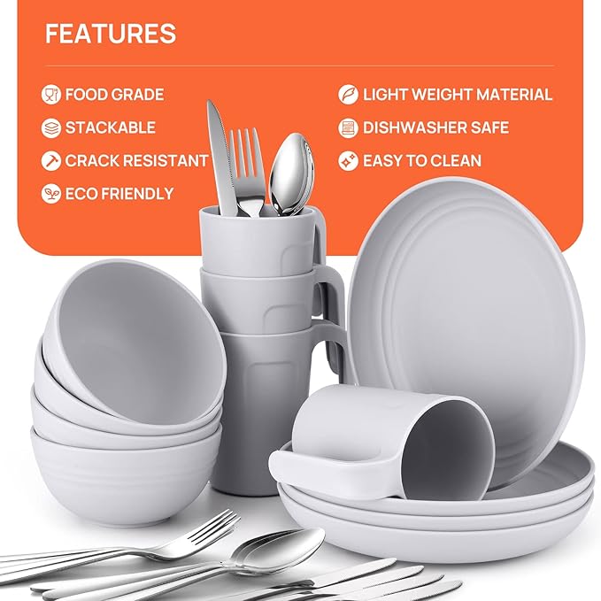 Odoland Camping Utensils Consists of Camping Plates and Bowls & Camp Mug Mess Kit for Camping 4 People to Cooking Backpacking Hiking