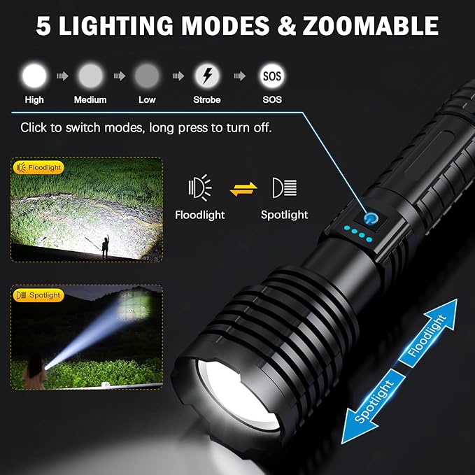 Rechargeable Flashlights 2400000 High Lumens,Super Bright LED Flashlight for Home Emergency, Waterproof Handheld Flashlights with Pouch, 5000mAh Battery, Spotlight and Floodlight Function