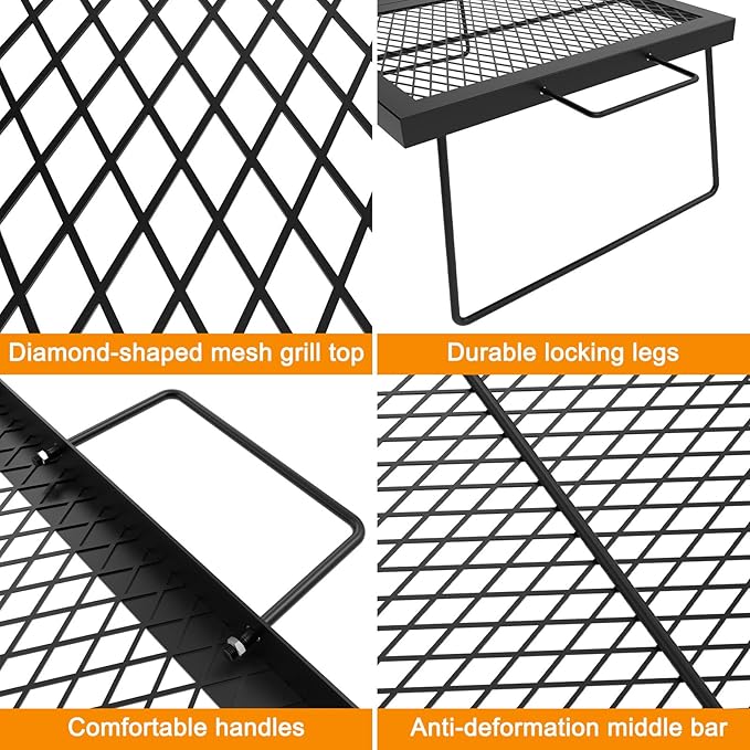 Folding campfire Grill Cooking Racks Campfire Grate Over Fire Pit, Fireplace Cooking Grate Fire grill Grate for Camping, Grill Grate Over the Fire Cooking Equipment Camping Accessories for Outside