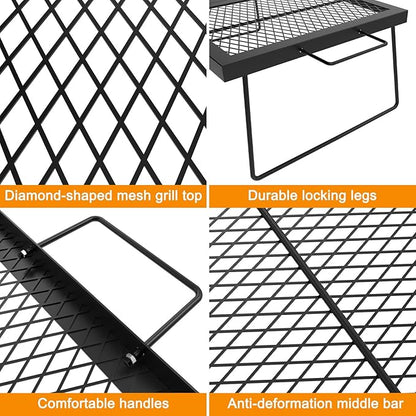 Folding campfire Grill Cooking Racks Campfire Grate Over Fire Pit, Fireplace Cooking Grate Fire grill Grate for Camping, Grill Grate Over the Fire Cooking Equipment Camping Accessories for Outside