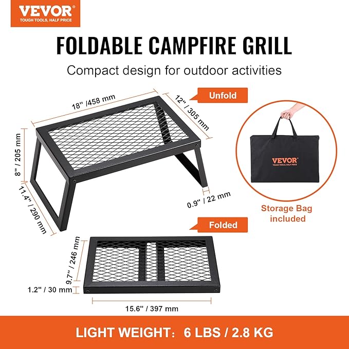 VEVOR Folding Campfire Grill, Heavy Duty Steel Mesh Grate, 18" Portable Camping Grates Over Fire Pit, Camp Fire Cooking Equipment with Legs Carrying Bag, Grilling Rack for Outdoor Open Flame Cooking
