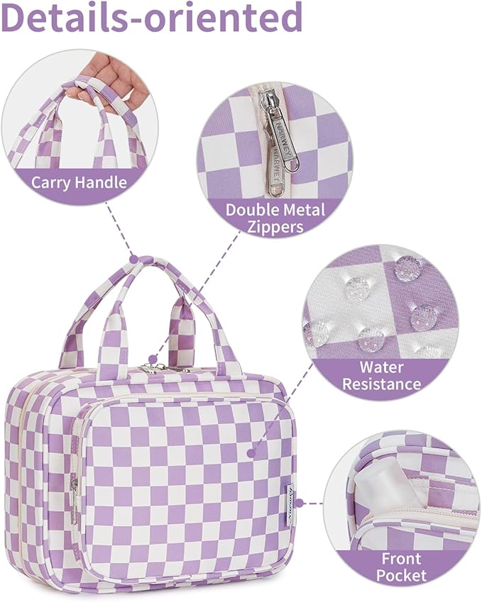 Narwey Travel Toiletry Bag for Women Large Hanging Makeup Bag Organizer Toiletries Bag for Full Size Essentials Accessories Cosmetics (Purple Checkerboard (Large))