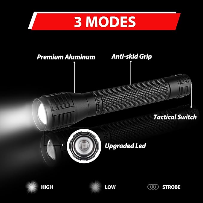 LED Flashlight - 3 Modes, 2000 Lumen,Super Bright, Powerful, Zoomable Handheld Torch Light for Camping Outdoor & Emergency Everyday Use (2-Pack)