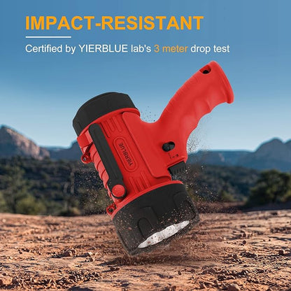 YIERBLUE Rechargeable Spotlight Flashlight with 1000,000 Lumen LED, IP67 Waterproof Long Running Spot Light searchlight, Impact Resistant Handheld Spotlight with Foldable Stand and Detachable Red Lens
