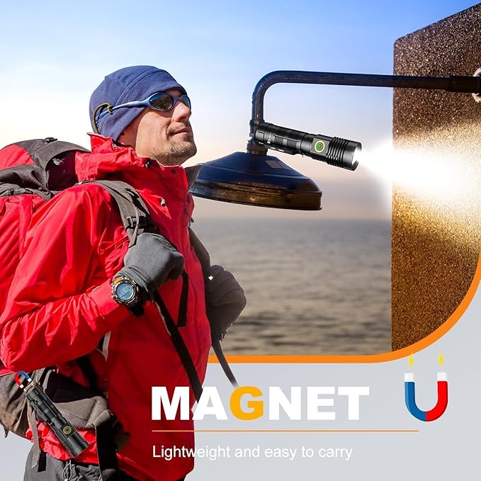 Small Tactical Flashlights 20000 High Lumens - 1500 Meters Long Beam Super Bright LED Magnetic Flashlight USB Rechargeable Zoomable 5Modes Long Beam Spotlight Flashlight for Hiking, Camping, 1pcs
