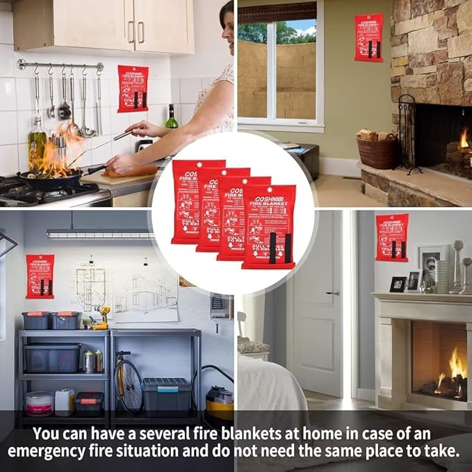 COSHNIBI Fire Blanket Emergency for Kitchen, Fiberglass Retardant Safety Blankets for Home, Fireplace,Grill,School,Car, Office, Warehouse,4 Pack