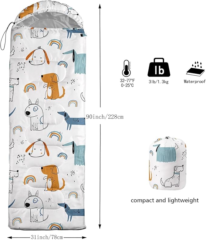 Kids Sleeping Bag for Boys Girls,Cute Puppy Print-Lightweight Warm Portable Outdoor Indoor-Waterproof Cold Weather Resistant Sleeping Bag for Camping Hiking
