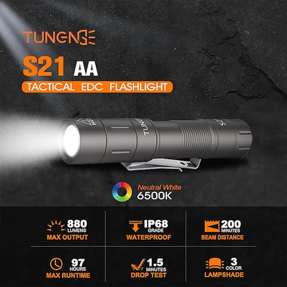 S21 AA Rechargeable Mini Flashlight, 880 High Lumen LED Flashlight, Magnetic Tail Switch EDC Pocket Flashlight, Suitable for Hiking, Camping, Outdoor and Emergency Situations（Gray）