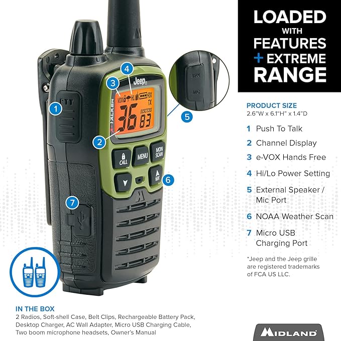 Midland - T77VP5J FRS Jeep® X-TALKER Extreme Dual Pack - 22 Channels, 121 Privacy Codes, Water Resistant - Clear Communication with Weather Alert - Jeep® Branded Carrying Case & Headset Included
