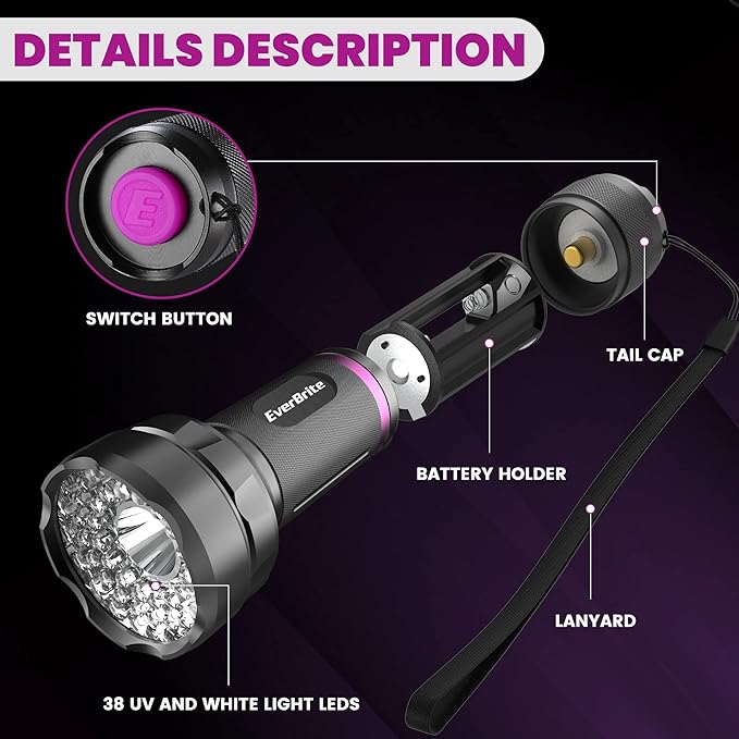 EverBrite LED Flashlight, Multifunctional Flashlight with UV and White Light, 395nm Black Light, 300 Lumens High Powered Flashlight for Camping, Emergencies, Pet Urine Stains, AA Batteries Included