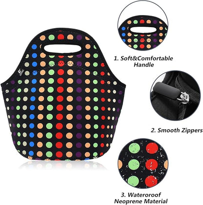 LOVAC Neoprene Lunch Bag, Thick Insulated Lunch Bag - Durable & Waterproof Lunch Tote With Zipper For Outdoor Travel Work School (Small Colorful Dot)