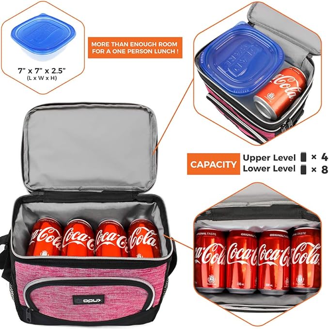 OPUX Insulated Dual Compartment Lunch Box for Women | Leakproof Double Deck Lunch Bag Work Office | Soft Cooler Tote Shoulder Strap Adult | Reusable Thermal Lunch Pail Kit 12 Can, Pink