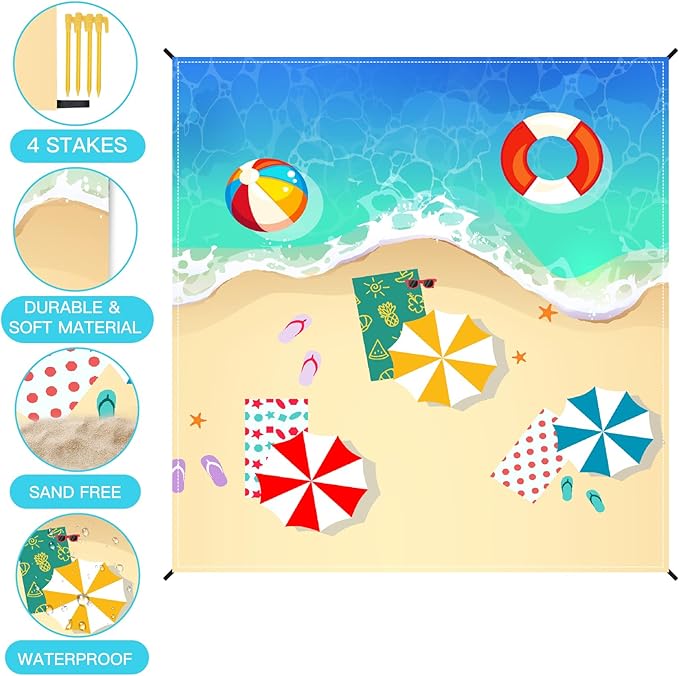 Airensky Beach Blanket, Sandproof Beach Mat 79" X 82" for 4-7 Adults, Large Waterproof Beach Blanket Quick Drying Lightweight Beach Blanket with 4 Stakes for Travel Camping Hiking(Sand Beach)