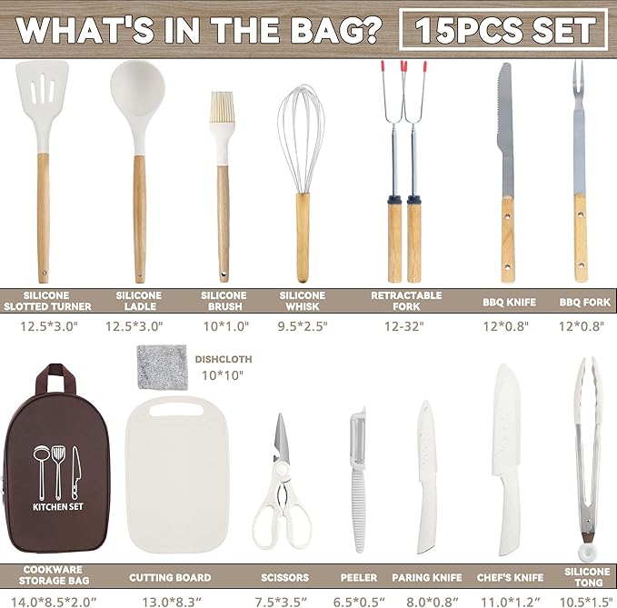 Camping Accessories Kitchen Cooking Utensils Set - Portable Outdoor Camp Cookware Set, Silicone Camper Essentials Gear Must Have Supplies for Travel RV BBQ Grill Picnic Hiking