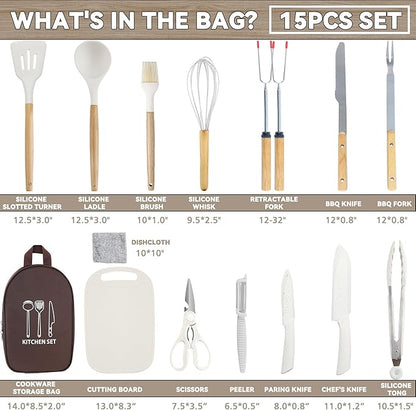 Camping Accessories Kitchen Cooking Utensils Set - Portable Outdoor Camp Cookware Set, Silicone Camper Essentials Gear Must Have Supplies for Travel RV BBQ Grill Picnic Hiking