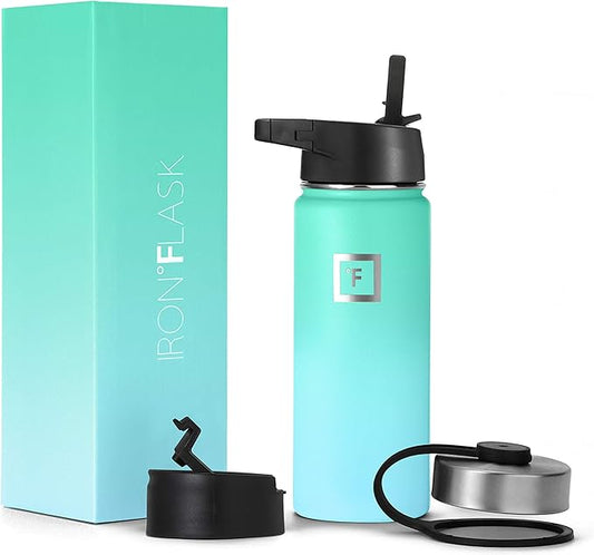 IRON °FLASK Camping & Hiking Hydration Flask, Wide Mouth, 3 Straw Lids, Stainless Steel Outdoor Water Bottle, Double Walled, Insulated Thermos, Metal Canteen - Sky, 18 Oz