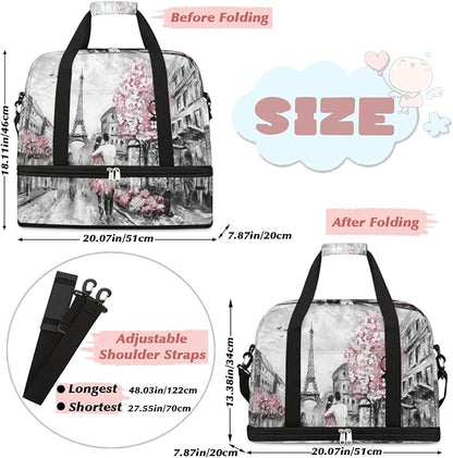 Eiffel Tower Foldable Travel Duffel Bag, Expandable Sports Gym Bag with Shoes Compartment Weekender Overnight Totes Bags for Women Men