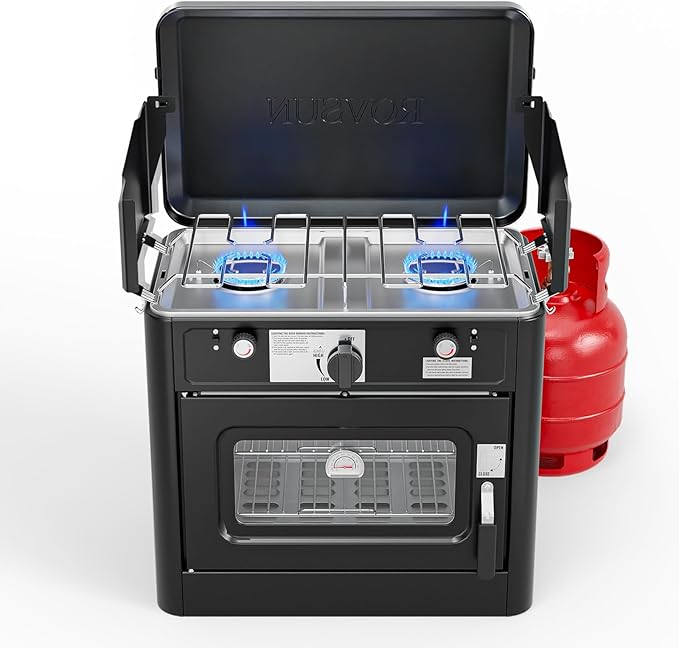 ROVSUN 2-in-1 Portable Camping Stove & Propane Oven with Piezo Igniter, 2 Burner Stove & Outdoor Oven with Adjustable Fire, Thermometer, Wind Panel & Regulator for Traveling, Tailgating (Black)