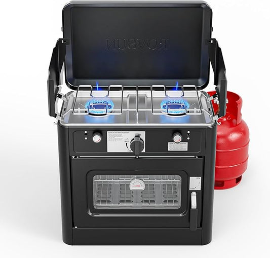 ROVSUN 2-in-1 Portable Camping Stove & Propane Oven with Piezo Igniter, 2 Burner Stove & Outdoor Oven with Adjustable Fire, Thermometer, Wind Panel & Regulator for Traveling, Tailgating (Black)