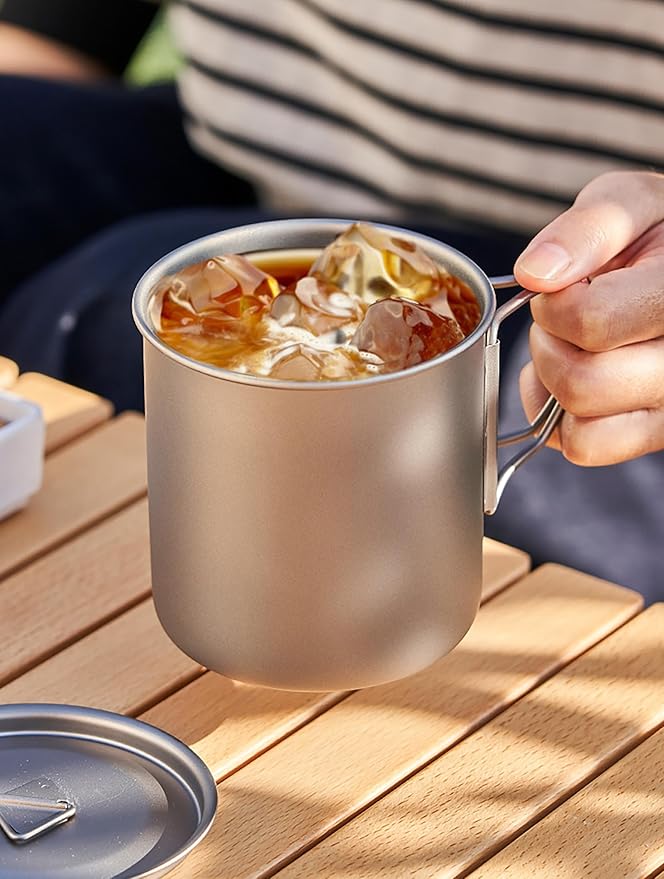 Titanium Camping Mug 300ml/10.1oz Lightweight Titanium Pot with Lid Foldable Handle Tea Cup Coffee for Outdoor Backpacking Hiking Traveling Picnic