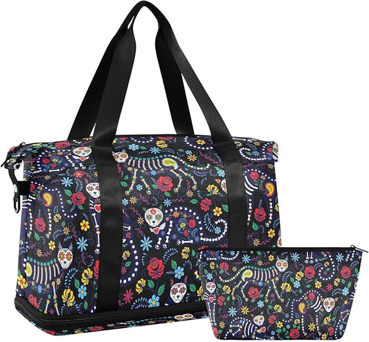 Skull Weekender Bag for Women, Cat Skull with Flowers Gym Sports Duffle Travel Tote with Toiletry Shoes Compartment Dry/Wet Separation Swim Bag