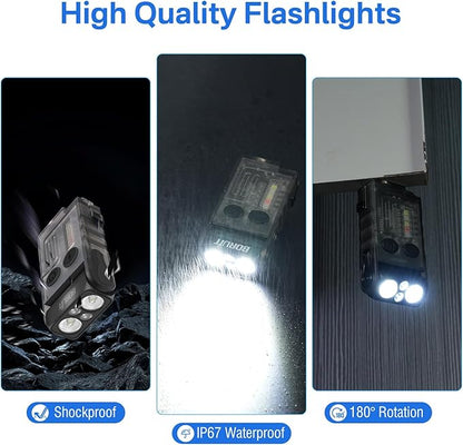 BORUIT V20 LED Small Powerful EDC Flashlight with Clip,180°Head Swivels,1000LM USB C Rechargeable Mini Pocket Keychain Flash Light with Red COB Light-14 Mode,IP67,Magnetic,110DB Buzzer(Black)