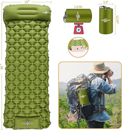Sleeping Pad Ultralight Inflatable Sleeping Pad for Camping, 80''X25'', Built-in Pump, Ultimate for Camping, Hiking - Airpad, Carry Bag, Repair Kit - Compact & Lightweight Air Mattress (Green)