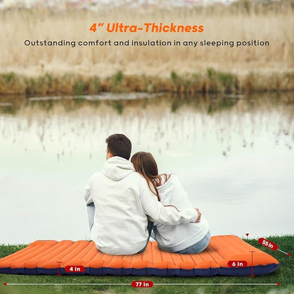 4-Inch-Thick Double Sleeping Pad for Camping, Strong Support Camping Mattress with Built-in Foot Pump, Lightweight Inflatable Sleeping Mat 2 Person for Backpacking, Hiking, Outdoors