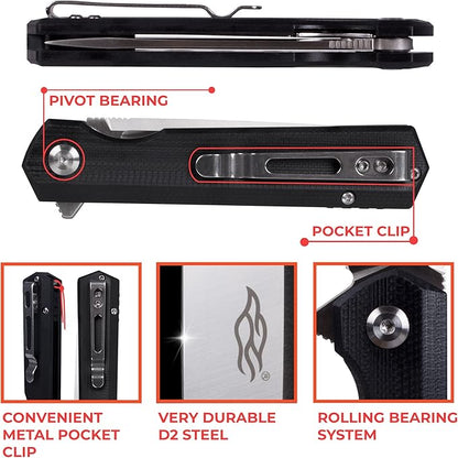 Firebird GANZO FH11S-BK Pocket Folding Knife G10 Anti-Slip Handle with Clip D2 Steel Blade Hunting Fishing Camping Gear Outdoor Folder EDC Pocket Knife (Black)