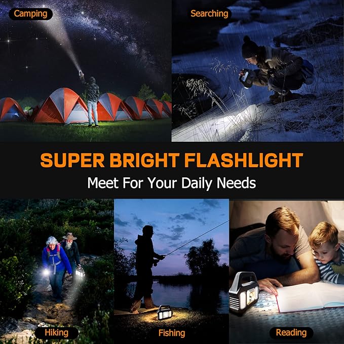 Solar Handheld Flashlight with USB Cable, 6 Modes Rechargeable Multifunction Lights Super Bright LED Searchlight, Lightweight Waterproof Portable Spotlight for Fishing Outdoor Camping Emergencies